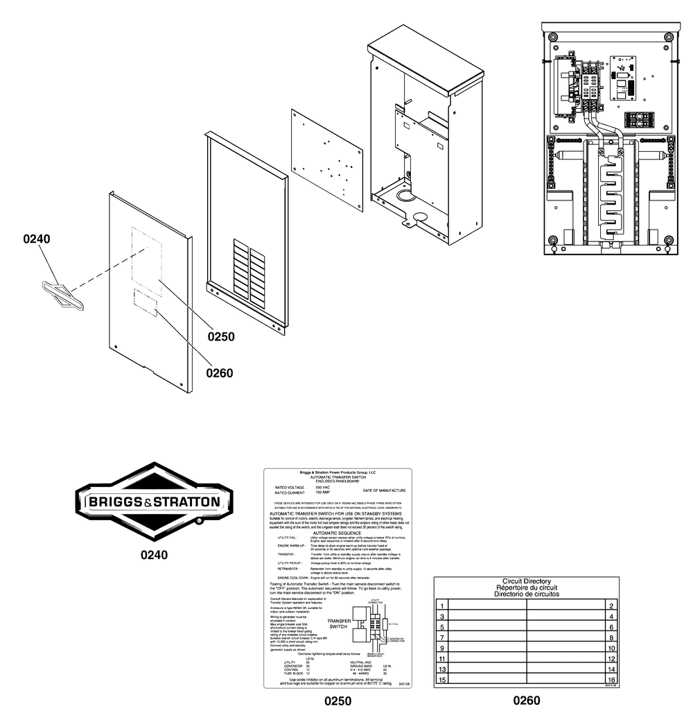 Decals Group - Ats Informational Diagram and Parts List for 040532-01  Briggs and Stratton Generator